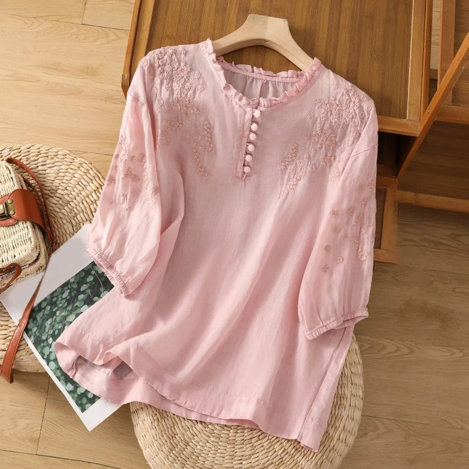 Women's Blouse Intricate Floral Embroidery and Ruffled Mock Neckline