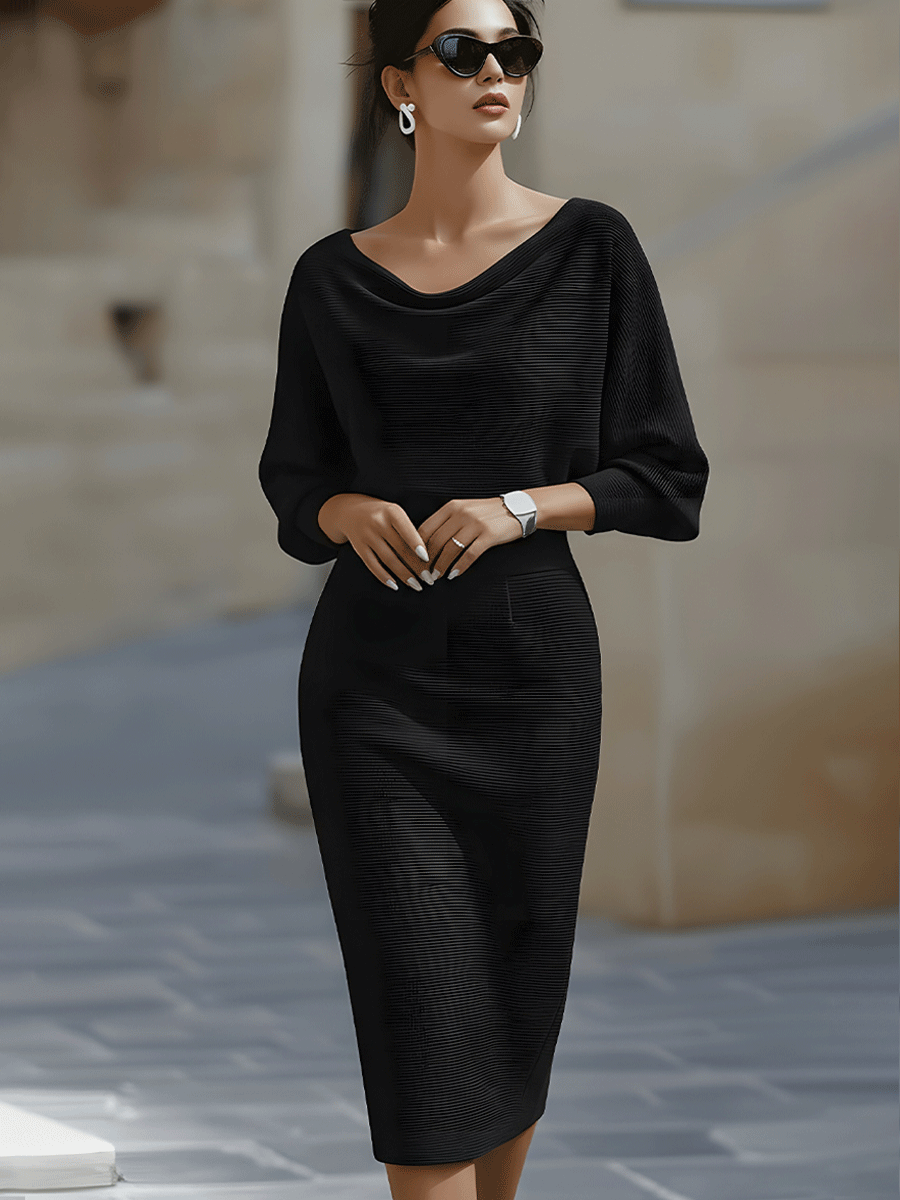 Women's Boat Neck Midi Bodycon Dress Batwing Sleeves and Ribbed Knit