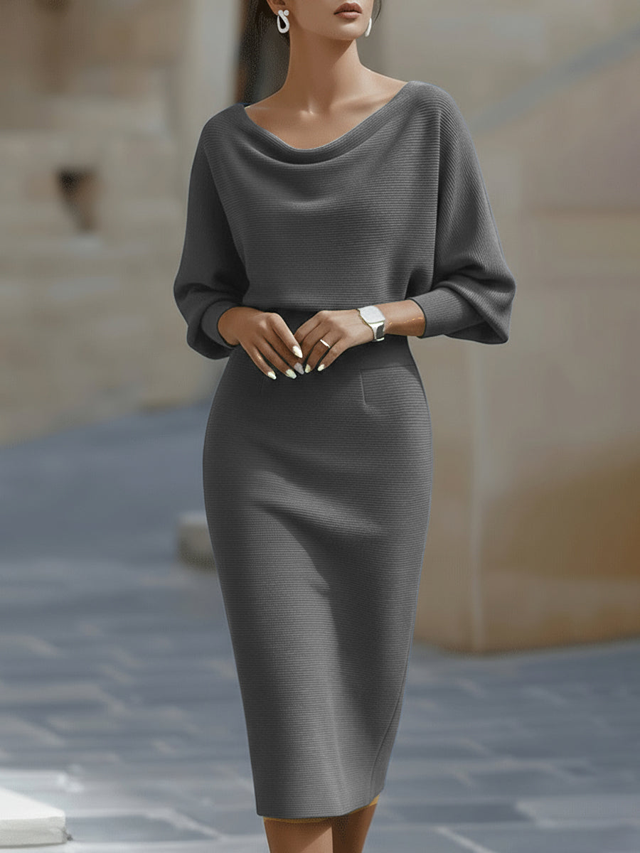 Women's Boat Neck Midi Bodycon Dress Batwing Sleeves and Ribbed Knit