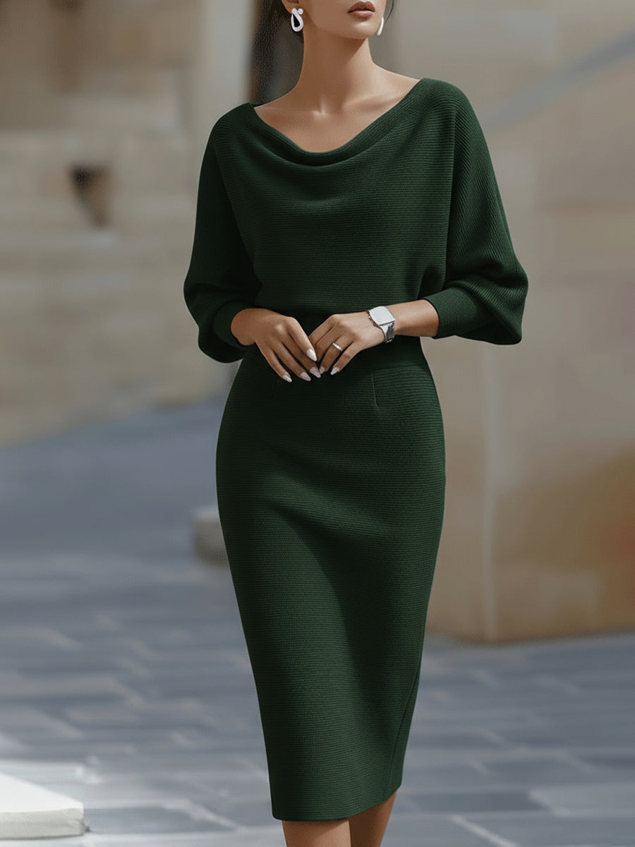 Women's Boat Neck Midi Bodycon Dress Batwing Sleeves and Ribbed Knit
