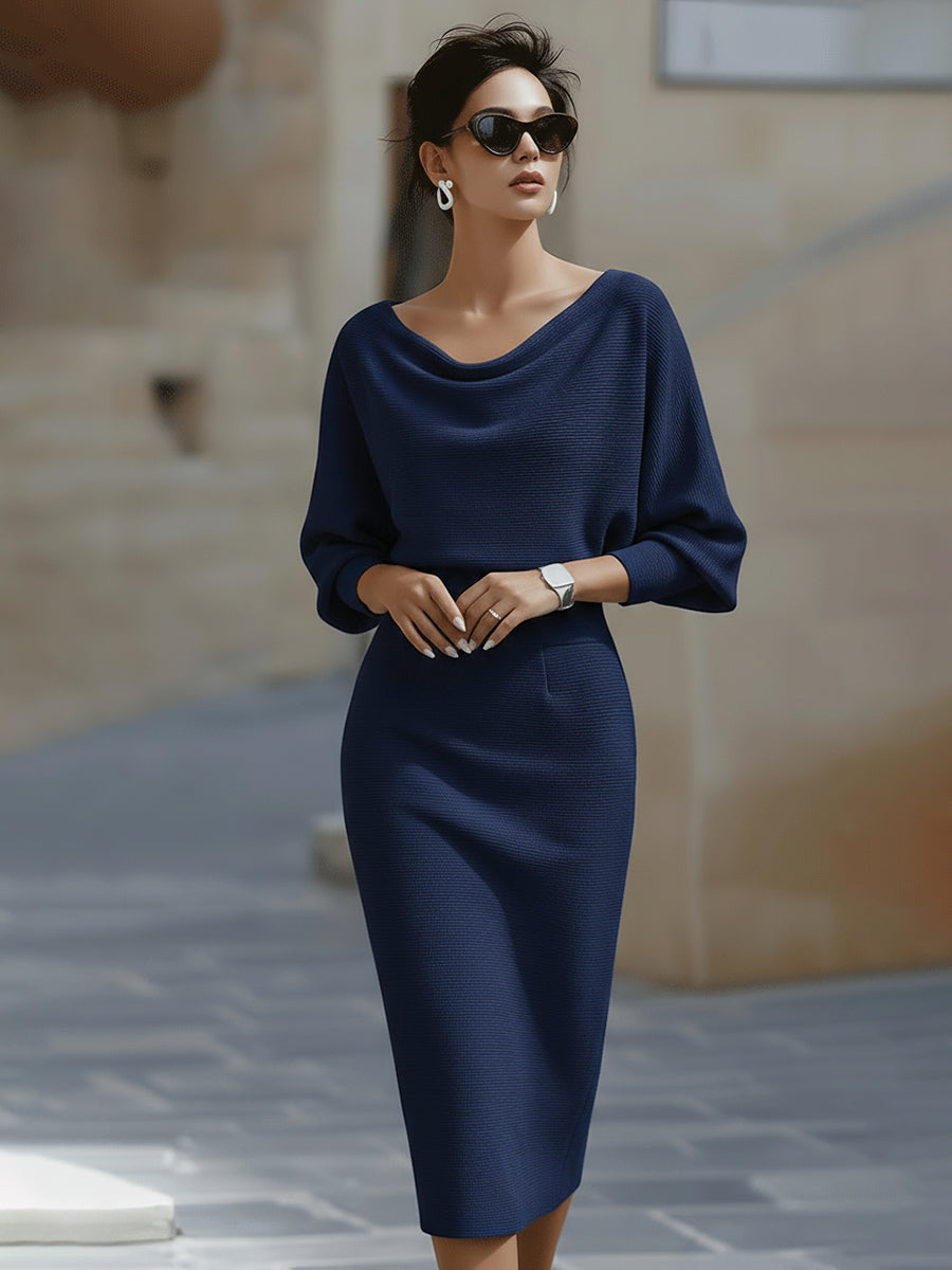 Women's Boat Neck Midi Bodycon Dress Batwing Sleeves and Ribbed Knit