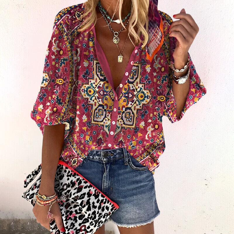 Women's Boho Blouse Casual Button-Down Shirt