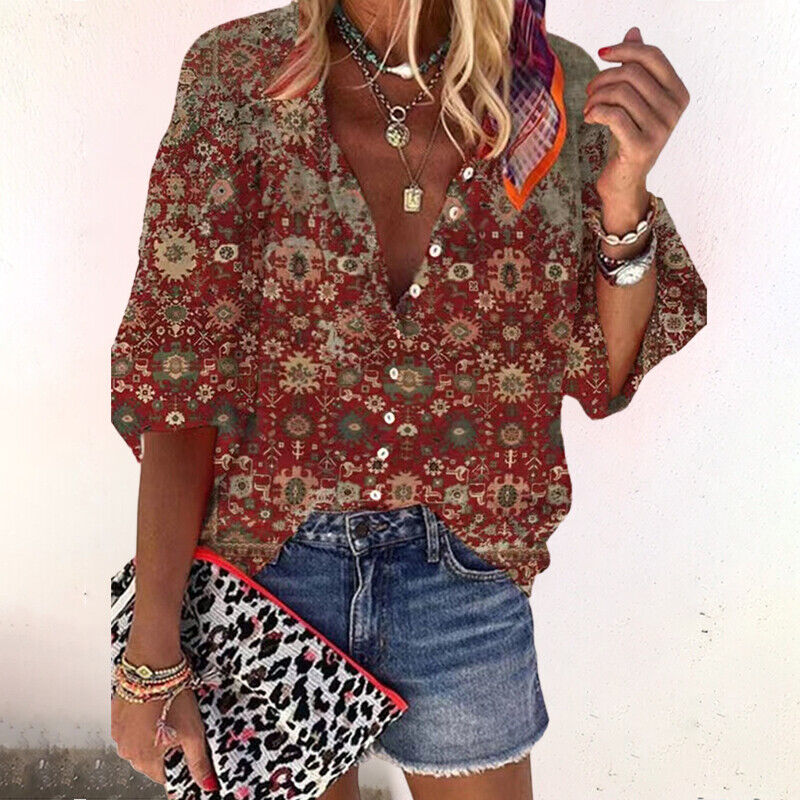 Women's Boho Blouse Casual Button-Down Shirt