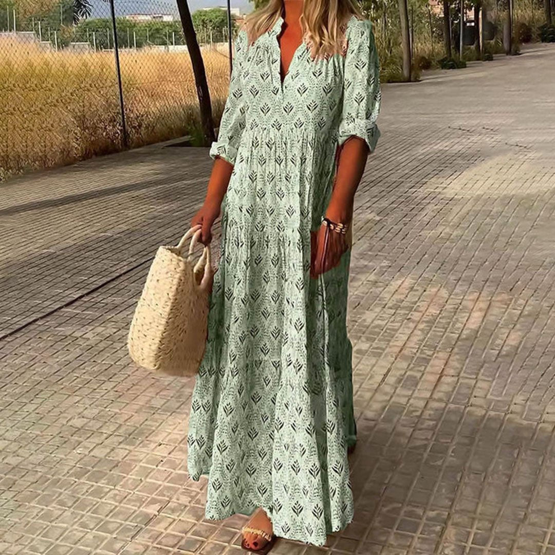 Women's Boho Maxi Dress V-Neck and Long Sleeves