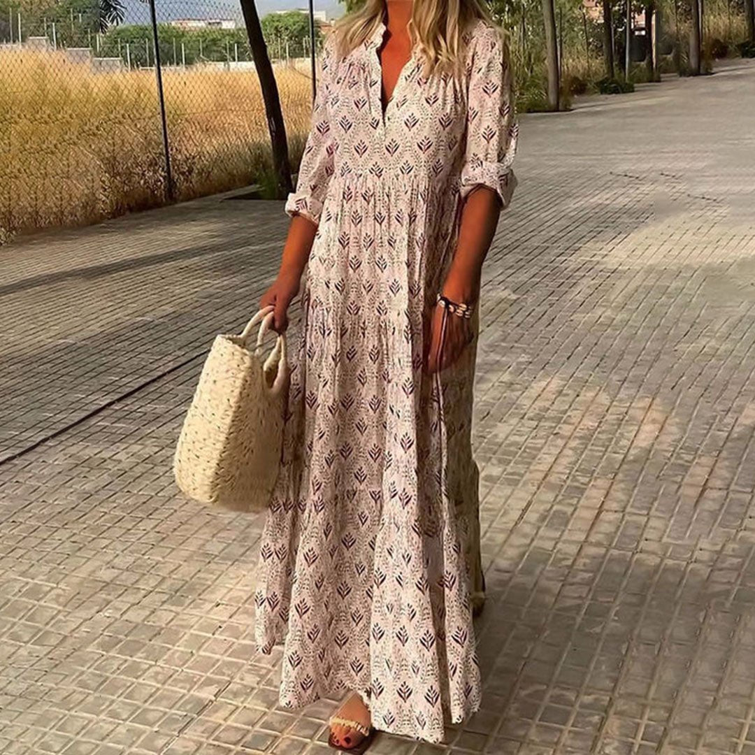 Women's Boho Maxi Dress V-Neck and Long Sleeves