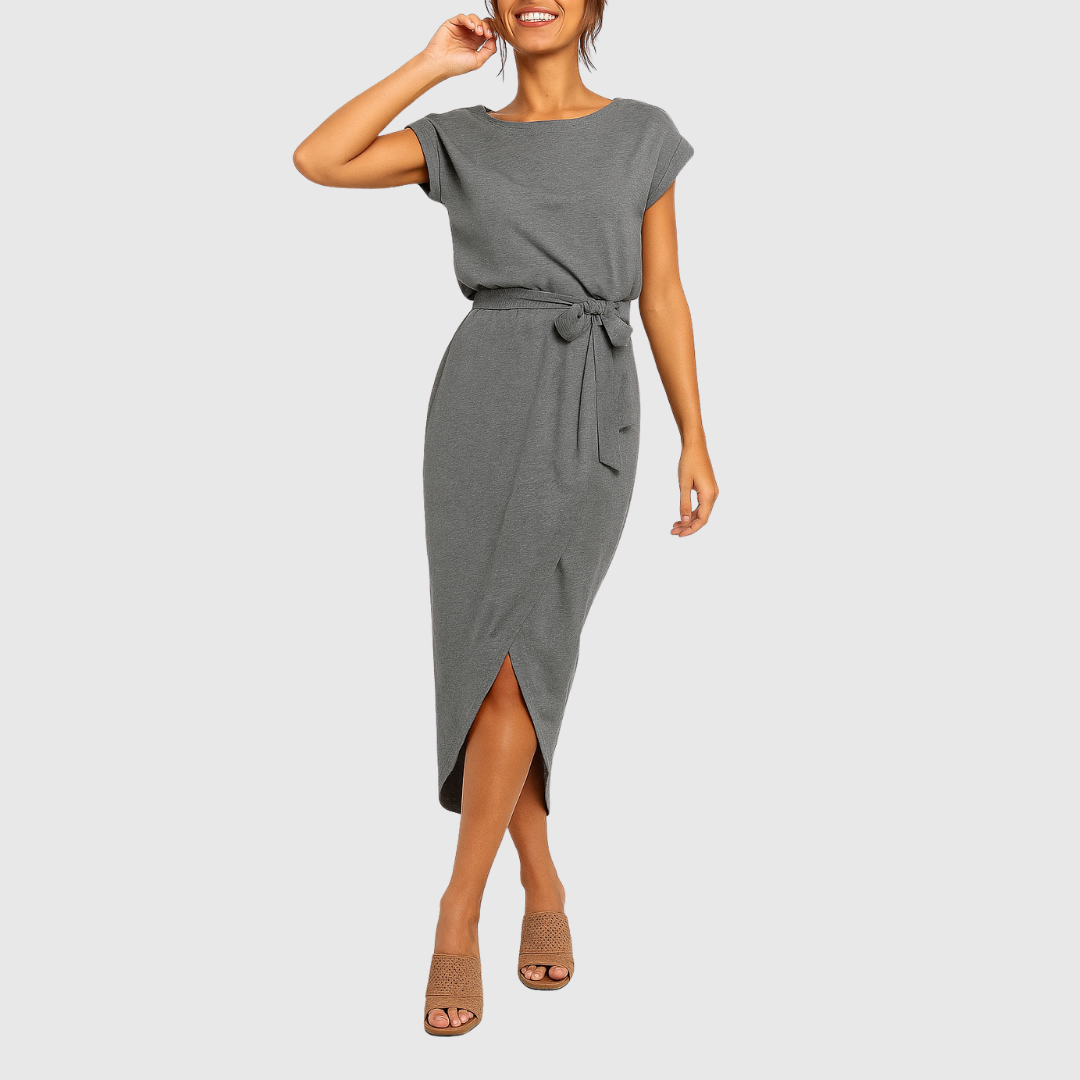 Women's Casual Midi Dress Belted Wrap-Front and Short Sleeves