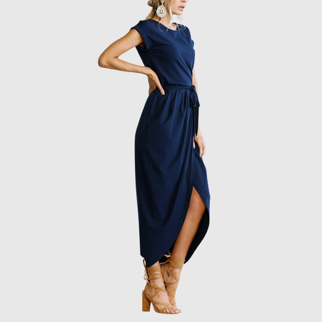 Women's Casual Midi Dress Belted Wrap-Front and Short Sleeves
