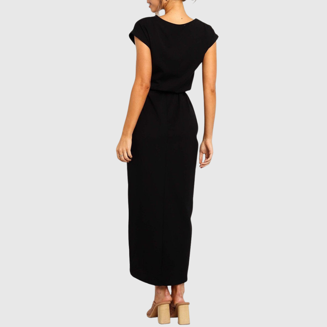 Women's Casual Midi Dress Belted Wrap-Front and Short Sleeves