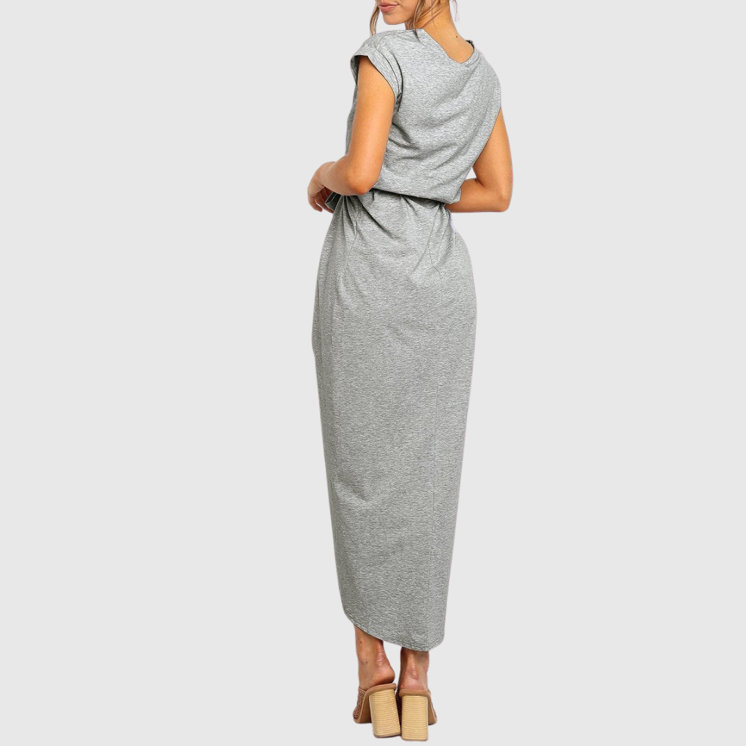 Women's Casual Midi Dress Belted Wrap-Front and Short Sleeves