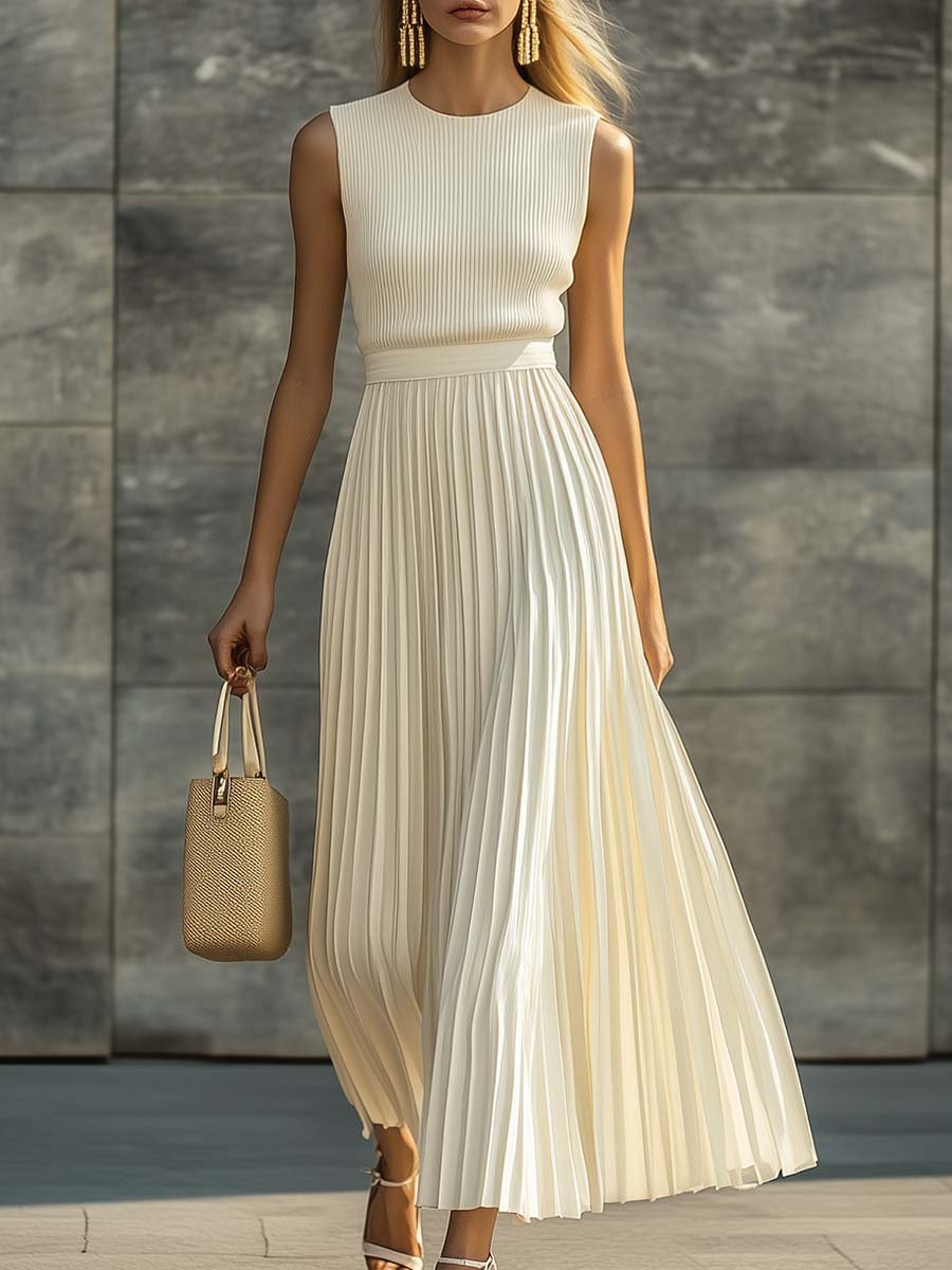 Women's Cream Knit Pleated Maxi Dress Sleeveless and Elegant Silhouette
