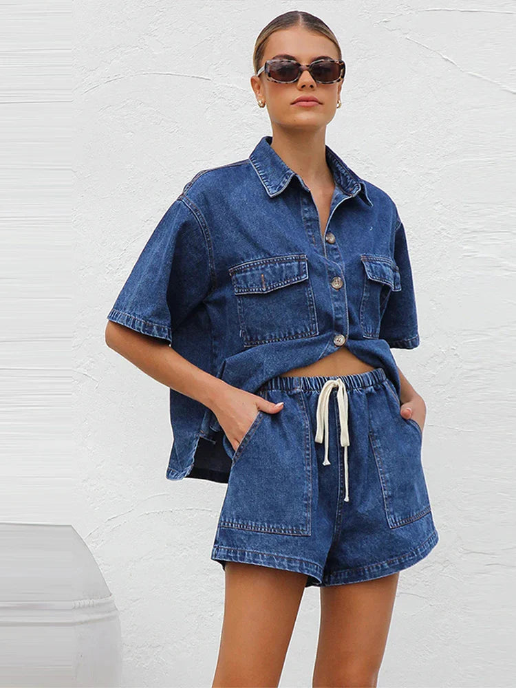 Women's Denim 2-Piece Set Short Sleeve Shirt and Drawstring Shorts