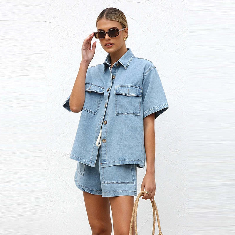 Women's Denim 2-Piece Set Short Sleeve Shirt and Drawstring Shorts