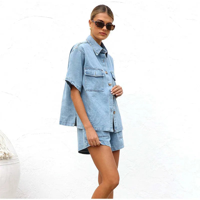 Women's Denim 2-Piece Set Short Sleeve Shirt and Drawstring Shorts