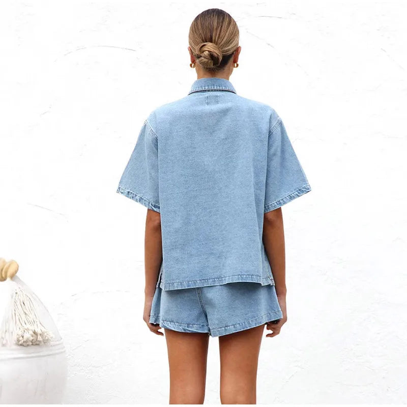 Women's Denim 2-Piece Set Short Sleeve Shirt and Drawstring Shorts