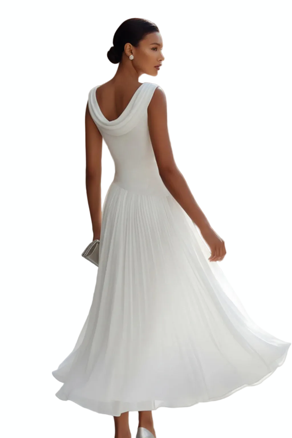Women's Draped Midi Dress with Pleated Skirt and Cowl Neckline