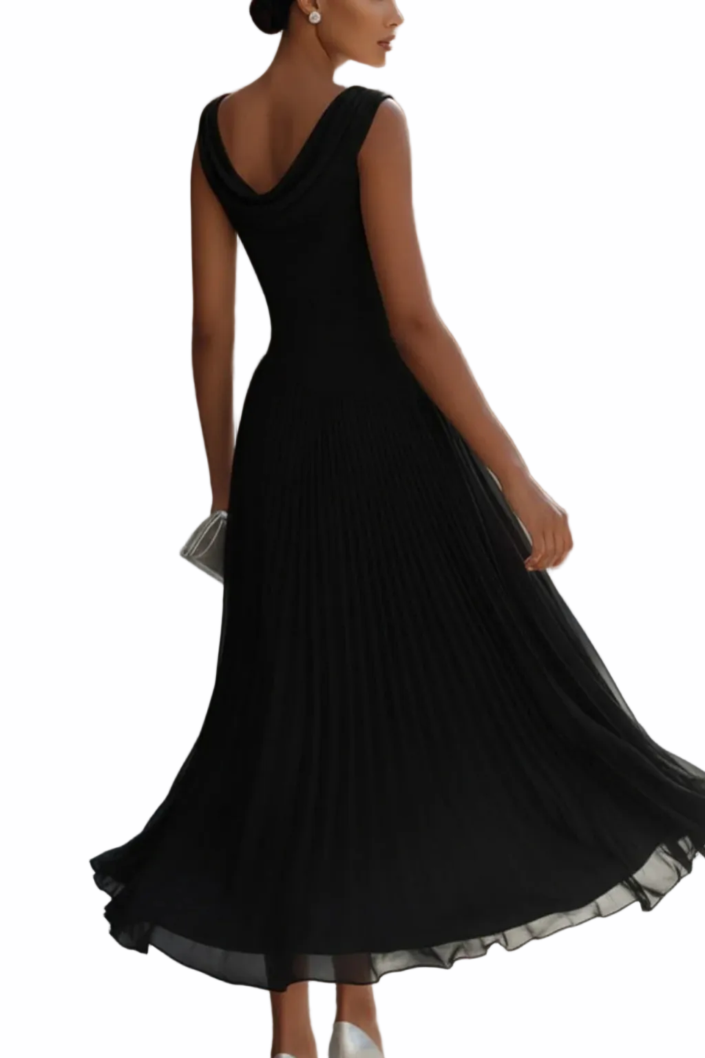 Women's Draped Midi Dress with Pleated Skirt and Cowl Neckline
