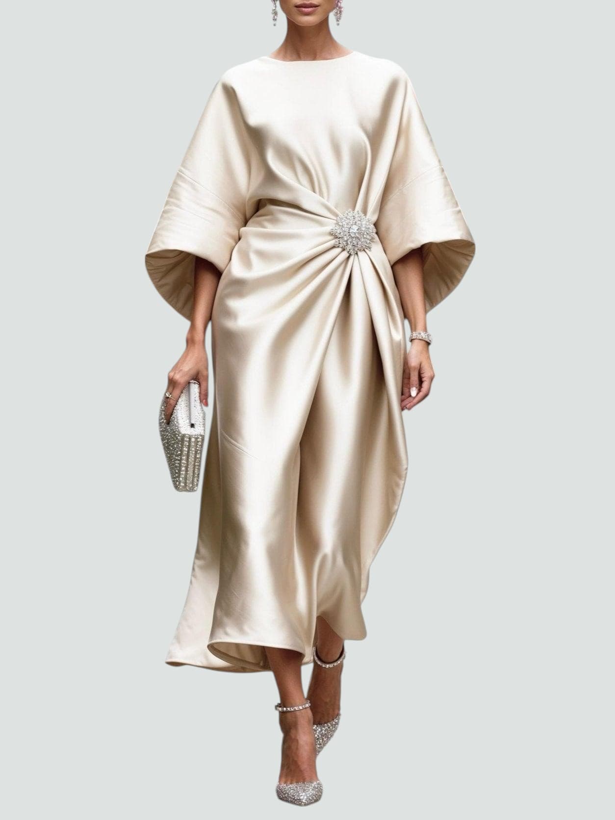 Women's Elegant Wedding Guest Midi Dress Bell Sleeve Cocktail
