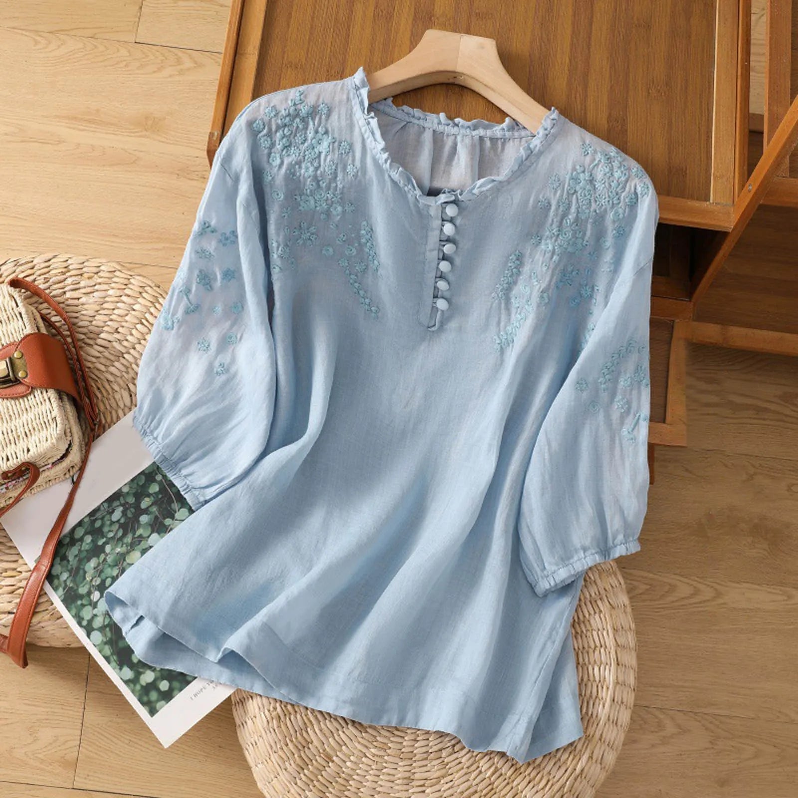 Women's Embroidered Blouse Ruffled Neck Casual Button Shirt