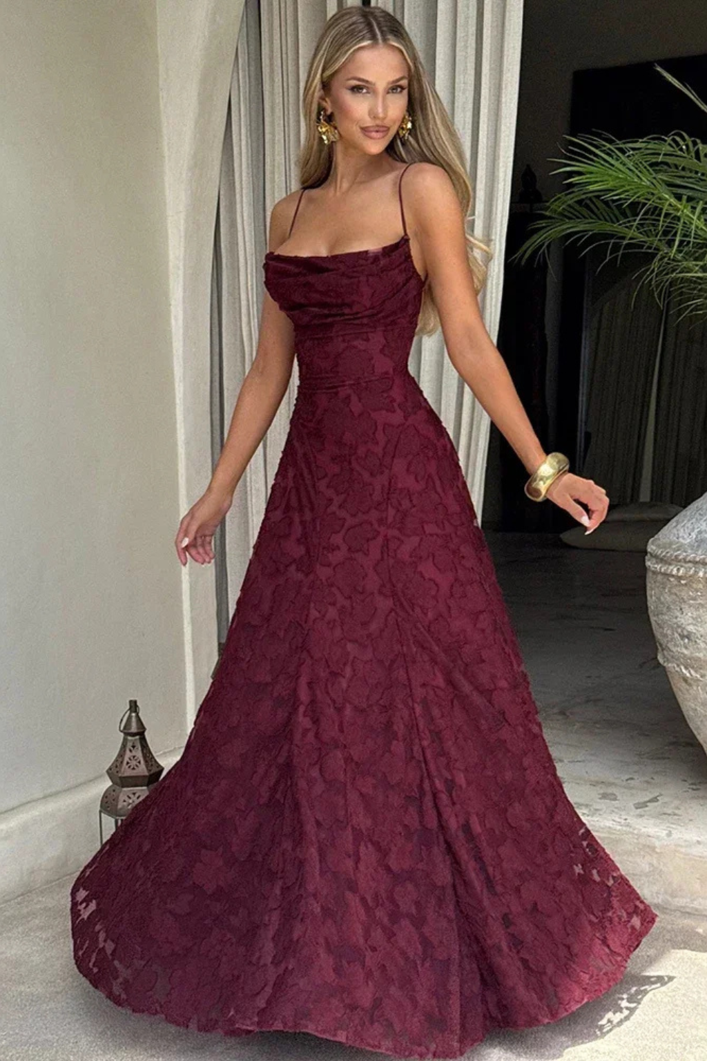 Women's Floral Lace Maxi Wedding Guest Dress with Spaghetti Straps