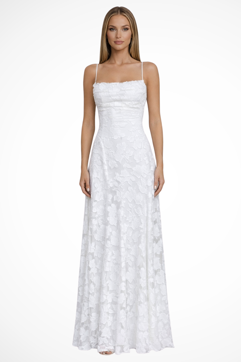 Women's Floral Lace Maxi Wedding Guest Dress with Spaghetti Straps