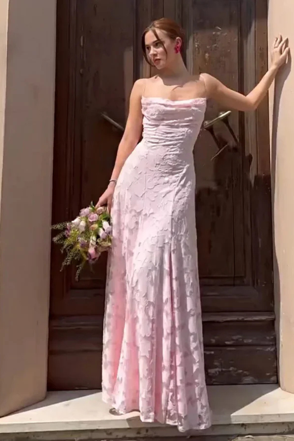 Women's Floral Lace Maxi Wedding Guest Dress with Spaghetti Straps
