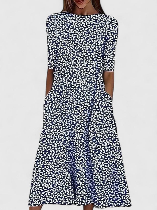 Women's Floral Midi Dress Pocket Short Sleeve Casual Summer