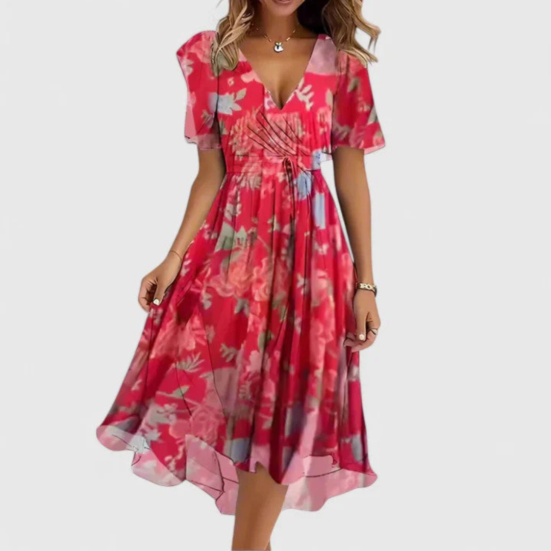 Women's Floral Midi Dress V-Neck and Pleated Waist Detail