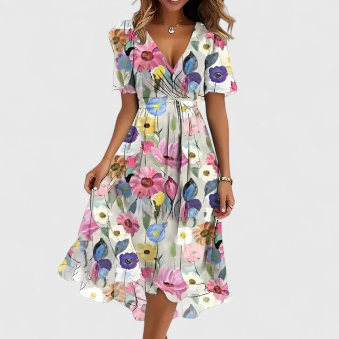 Women's Floral Midi Dress V-Neck and Pleated Waist Detail