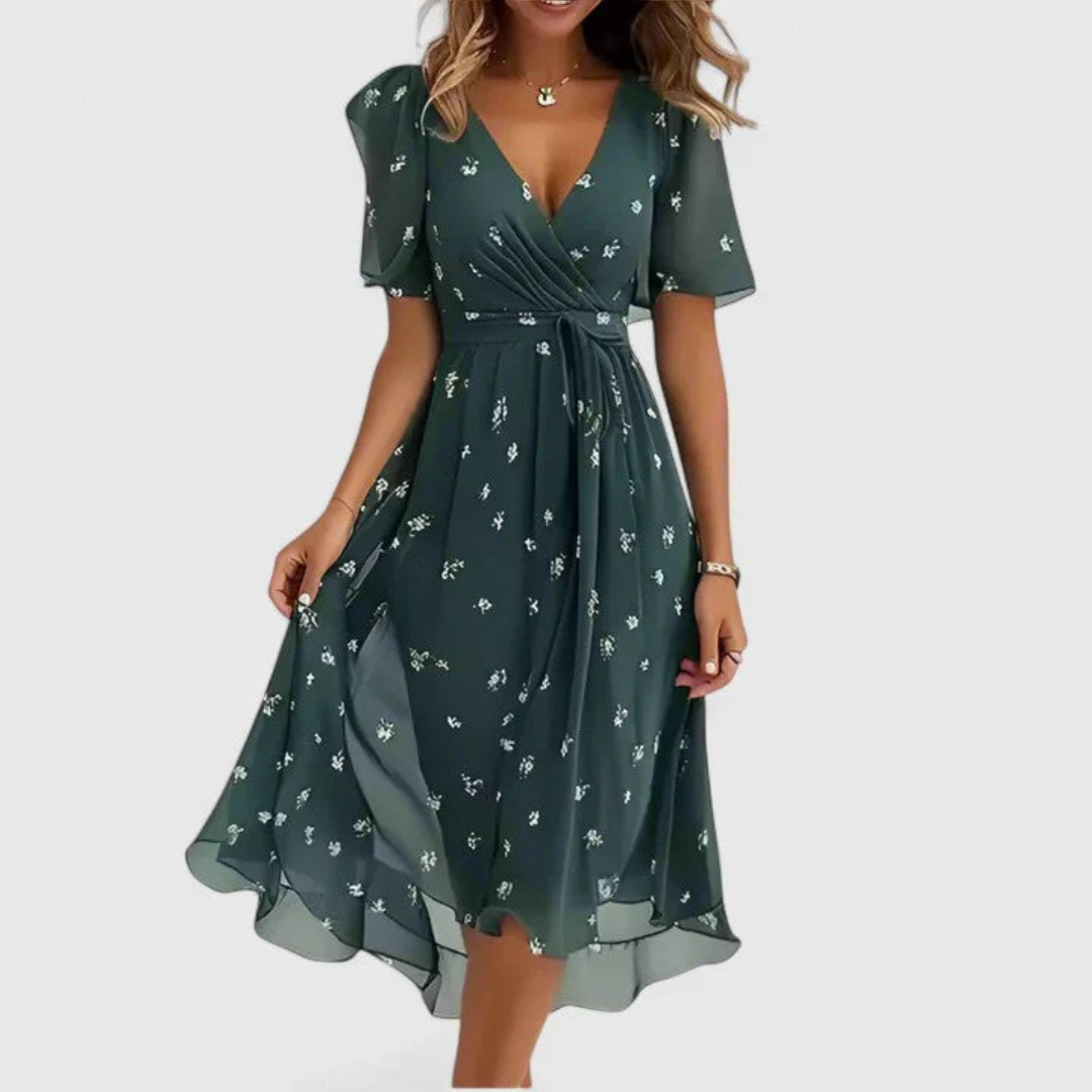 Women's Floral Midi Dress V-Neck and Pleated Waist Detail