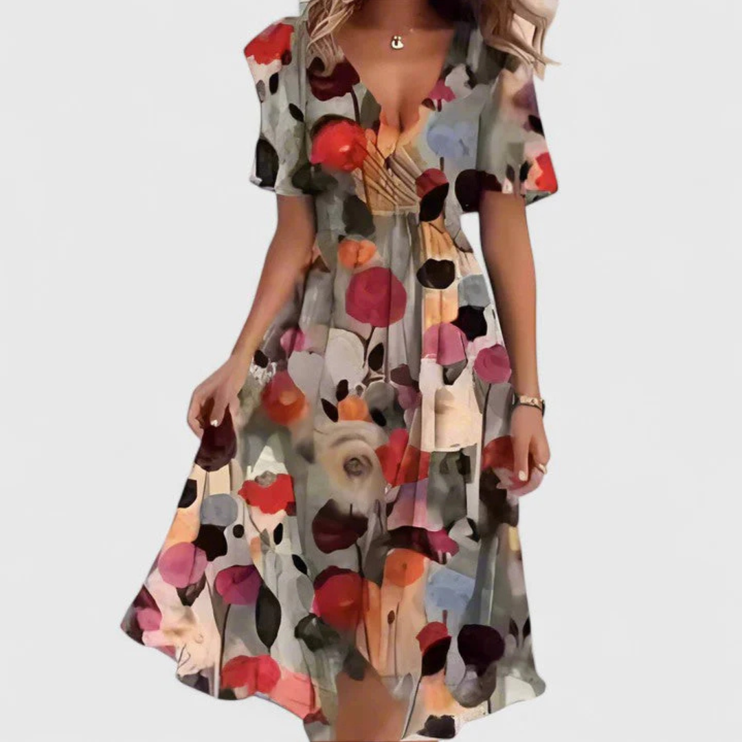 Women's Floral Midi Dress V-Neck and Pleated Waist Detail