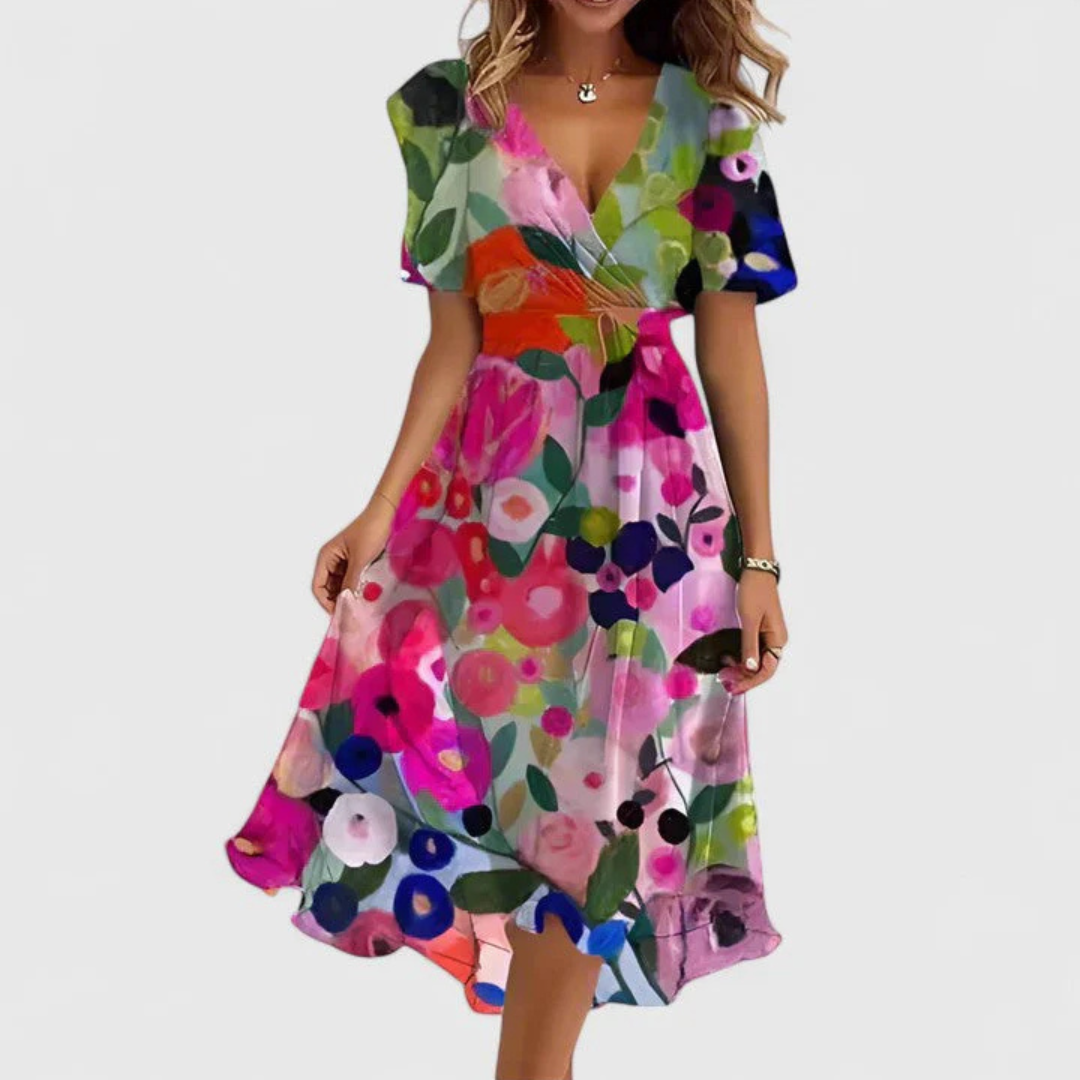 Women's Floral Midi Dress V-Neck and Pleated Waist Detail