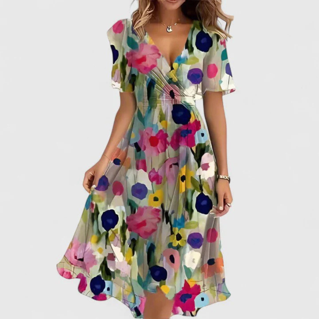 Women's Floral Midi Dress V-Neck and Pleated Waist Detail