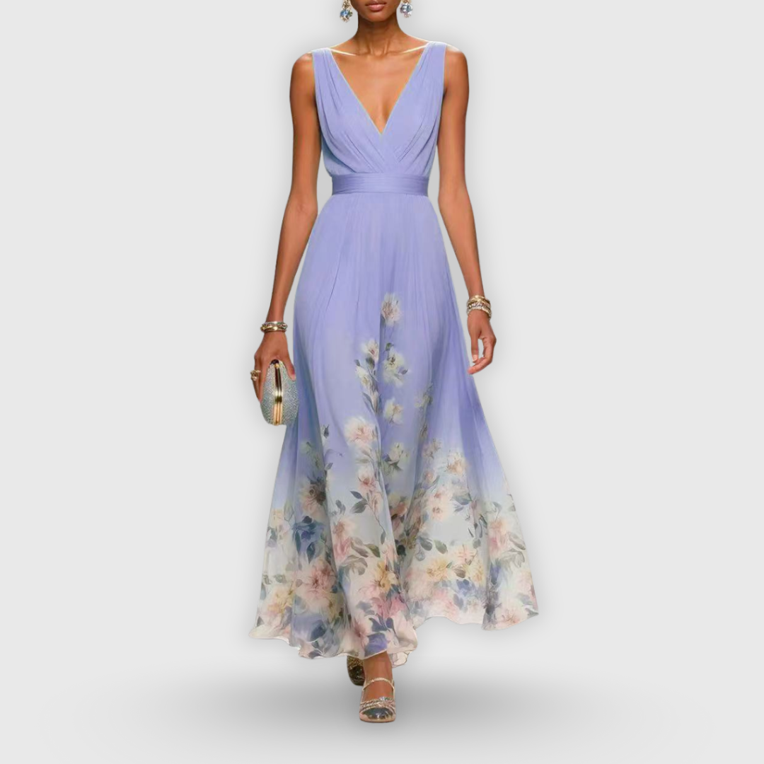 Women's Floral Wedding Guest Maxi Dress Sleeveless and Pleated V-Neck
