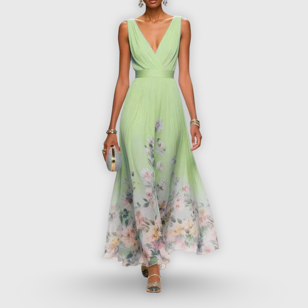 Women's Floral Wedding Guest Maxi Dress Sleeveless and Pleated V-Neck