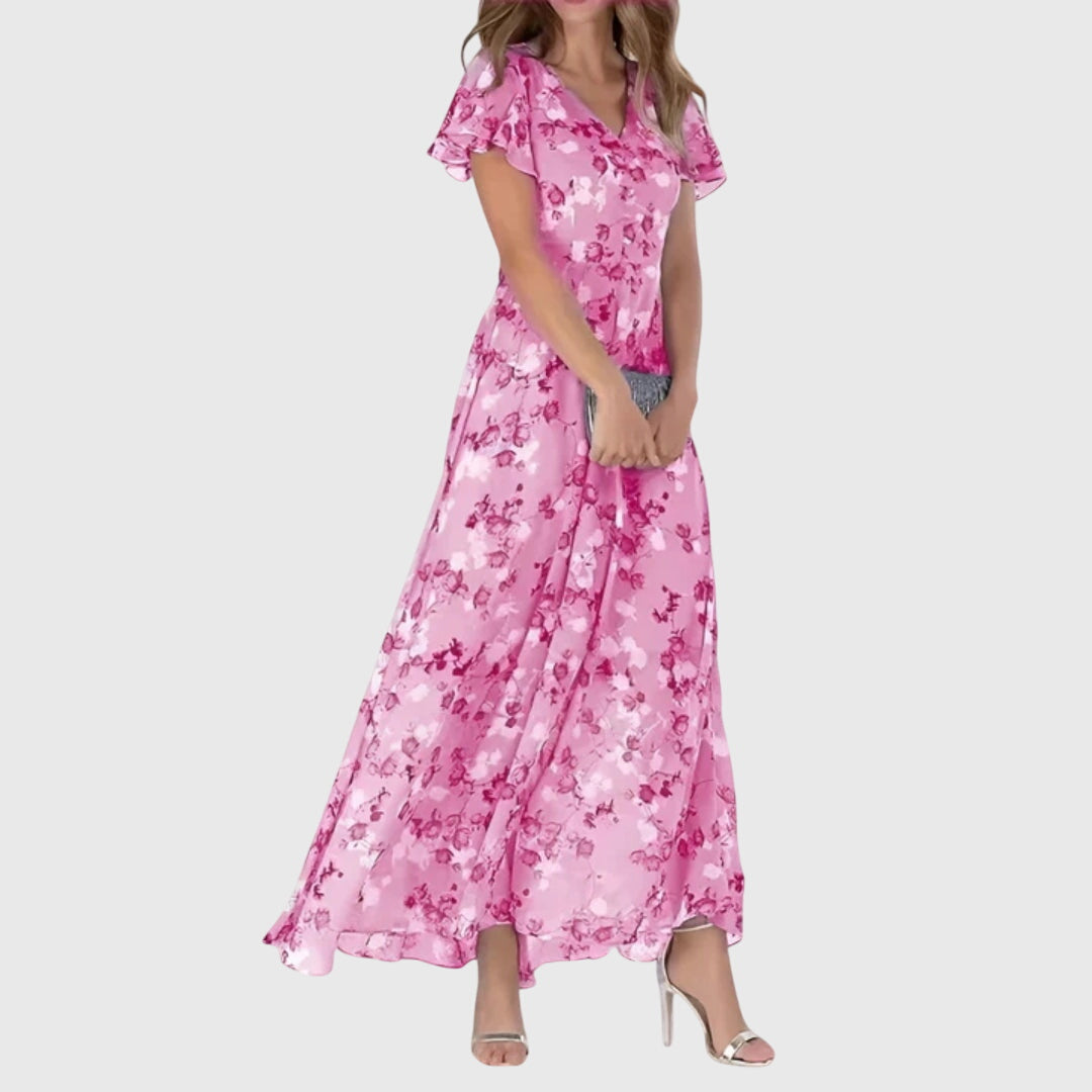 Women's Floral Wedding Guest Maxi Dress V-Neck Flutter Sleeve