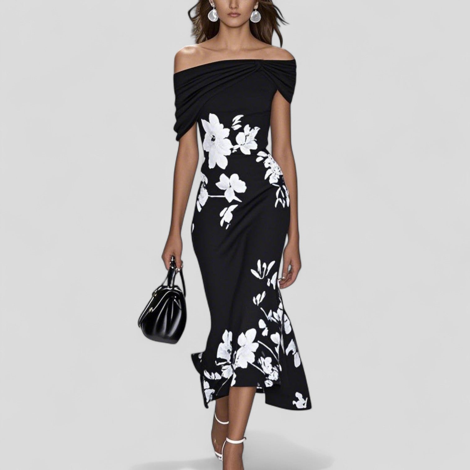 Women's Floral Wedding Guest Midi Dress Off the Shoulder