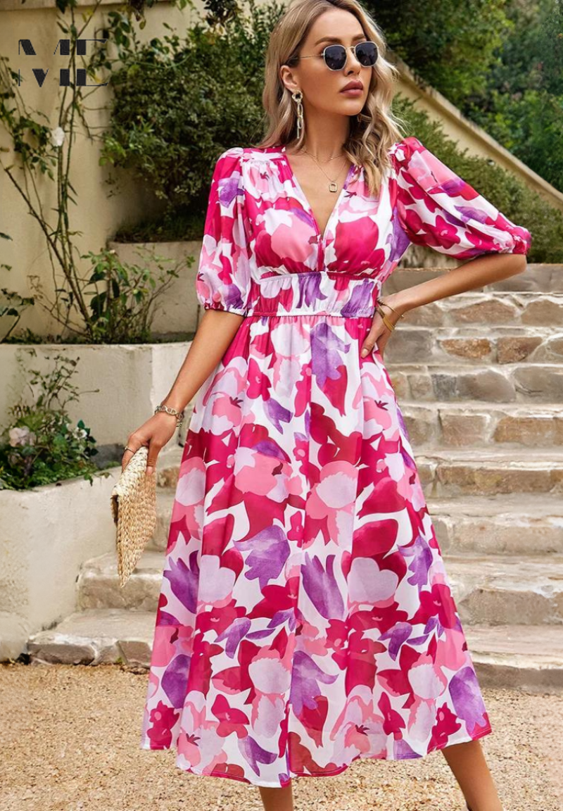 Women's Floral Wedding Guest Midi Dress Smocked Waist and Short Puff Sleeves
