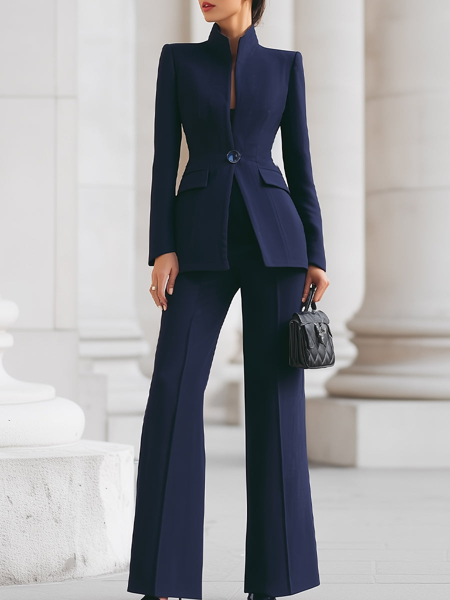 Women's Formal Pantsuit Mandarin Collar and Wide Leg Trousers