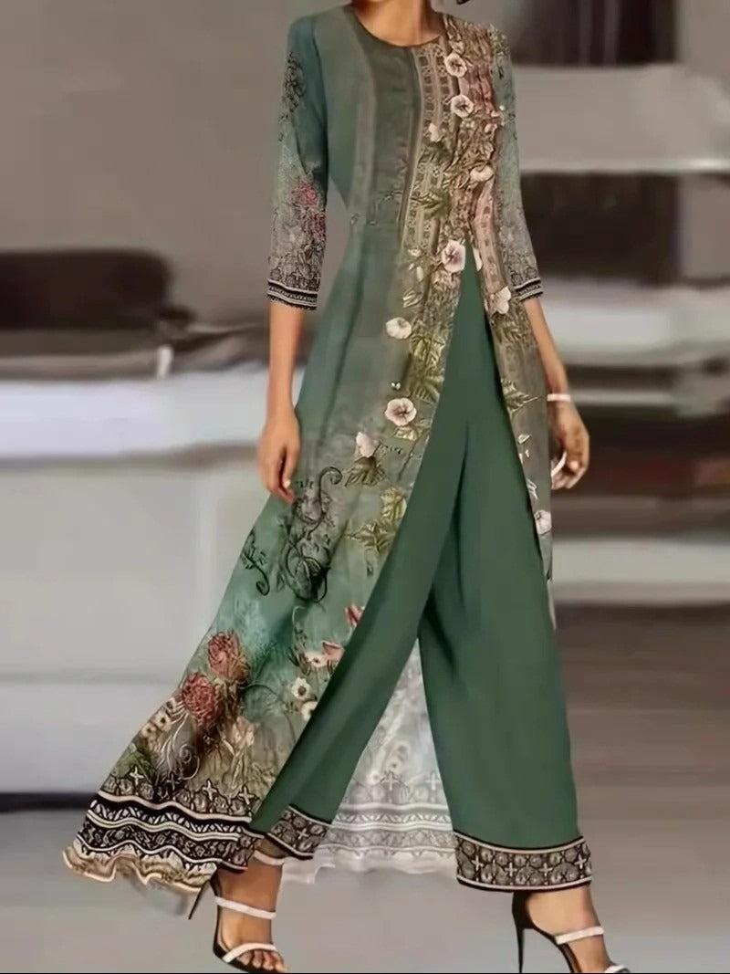 Women's Green Floral Embroidered Tunic Trouser Set