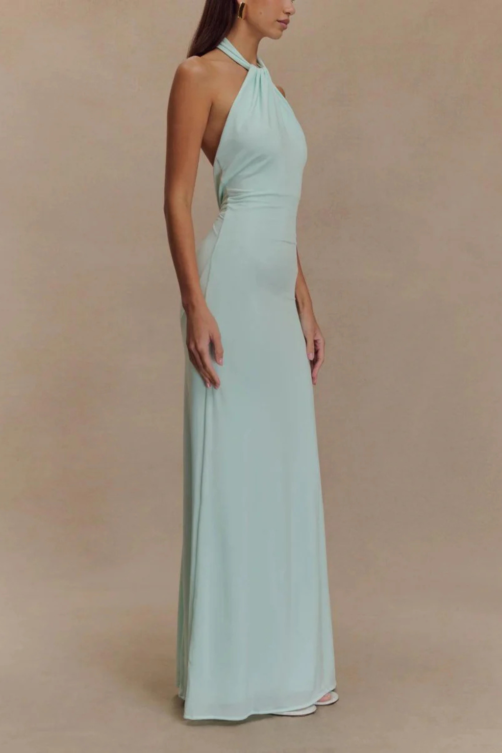 Women's Halter Maxi Dress with Backless Knot Detail and Ruched Bodice