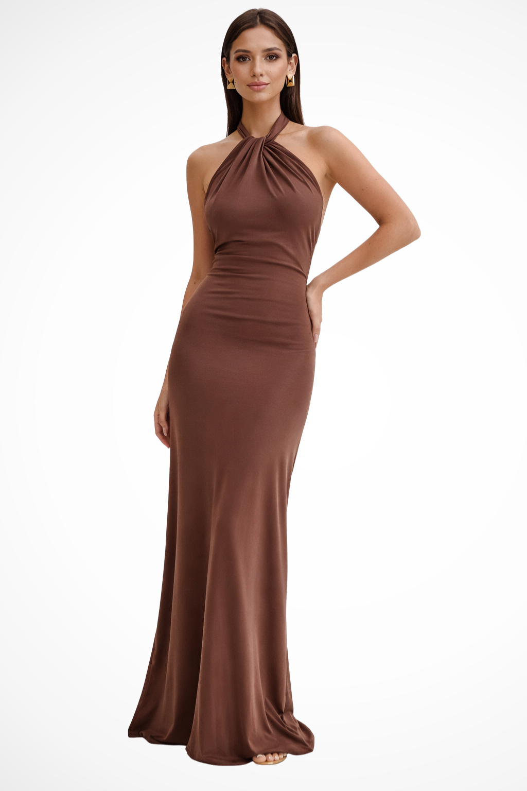 Women's Halter Maxi Dress with Backless Knot Detail and Ruched Bodice
