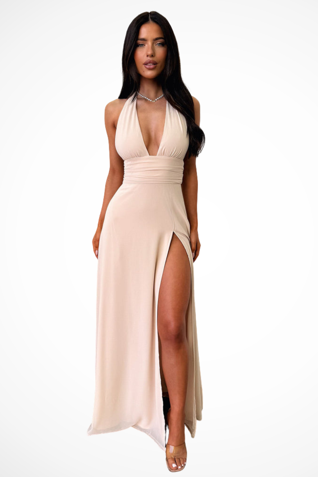 Women's Halter Maxi Wedding Guest Dress with High Thigh Slit