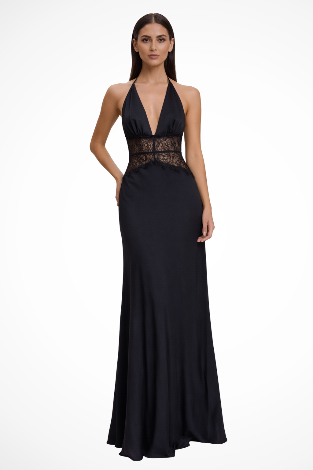 Women's Halter Maxi Dress with Lace Waist Inset and Deep V-Neck