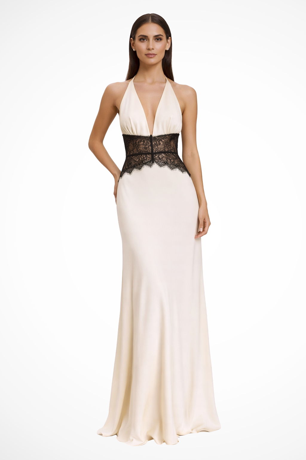 Women's Halter Maxi Dress with Lace Waist Inset and Deep V-Neck