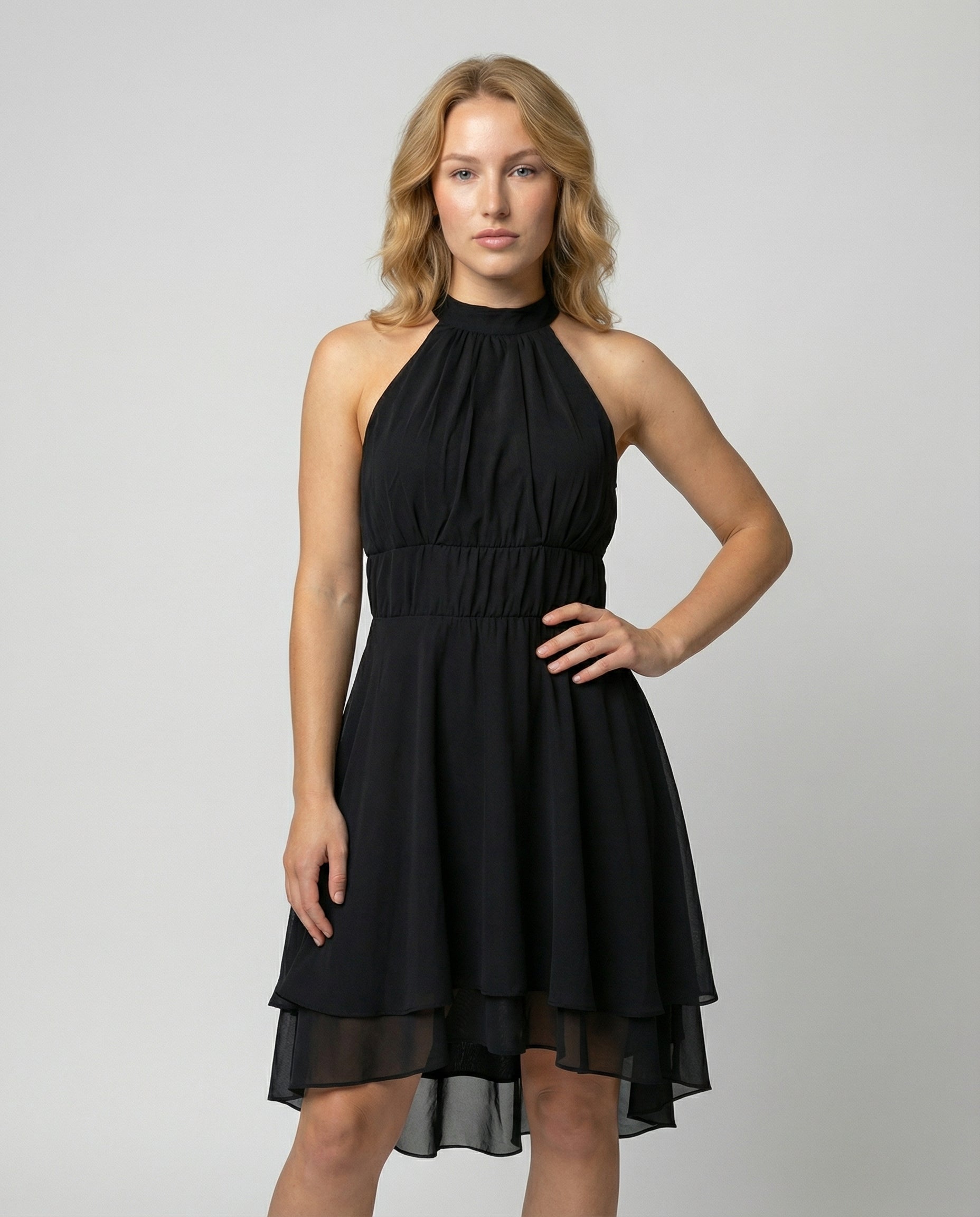 Women's Halter Neck Mini Dress Pleated Bodice and Layered Hem
