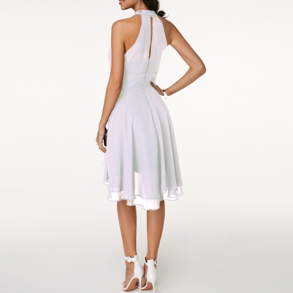 Women's Halter Neck Mini Dress Pleated Bodice and Layered Hem