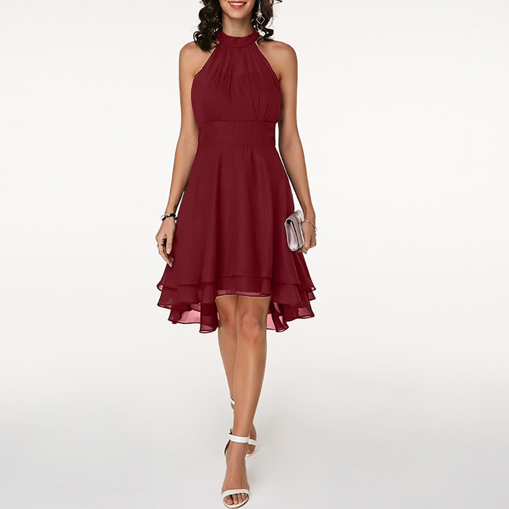 Women's Halter Neck Mini Dress Pleated Bodice and Layered Hem
