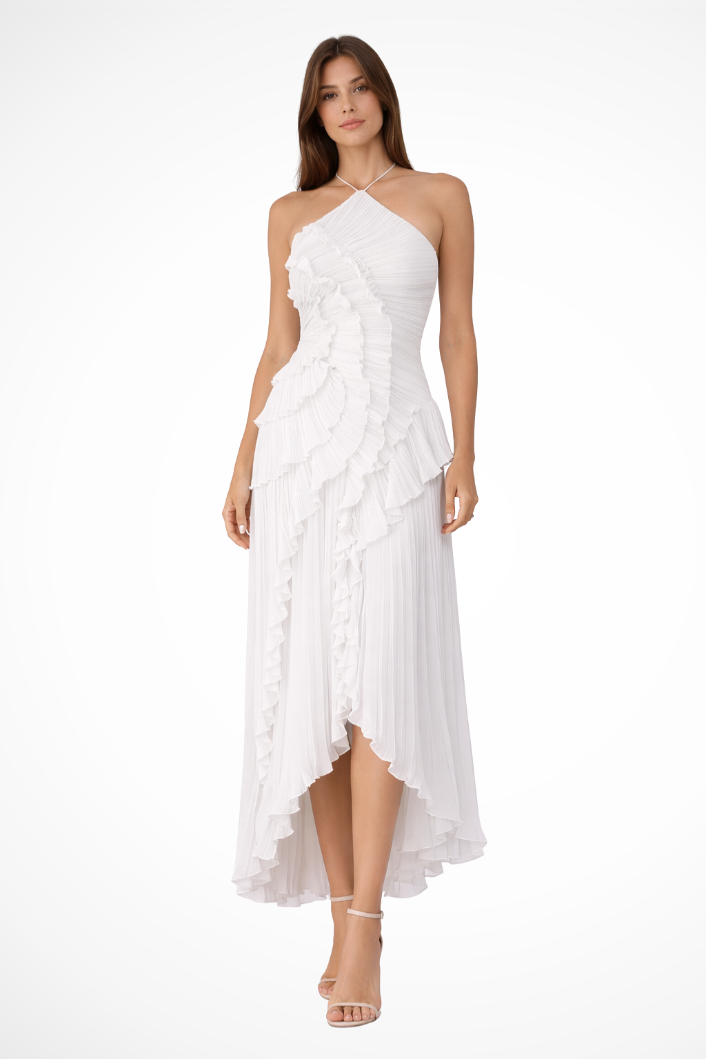 Women's Halter Neck Pleated Midi Dress with Tiered Ruffles and High-Low Hem