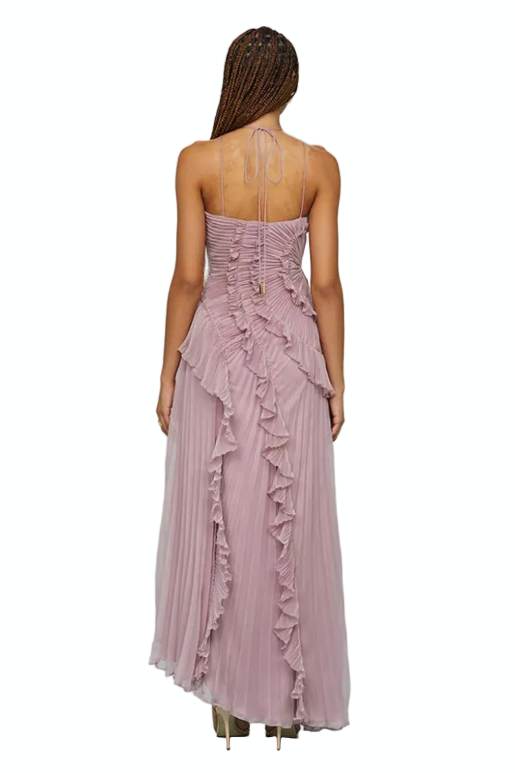 Women's Halter Neck Pleated Midi Dress with Tiered Ruffles and High-Low Hem