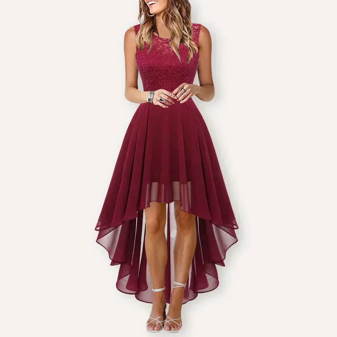 Women's High Low Midi Wedding Guest Dress Lace Top and A Line Skirt